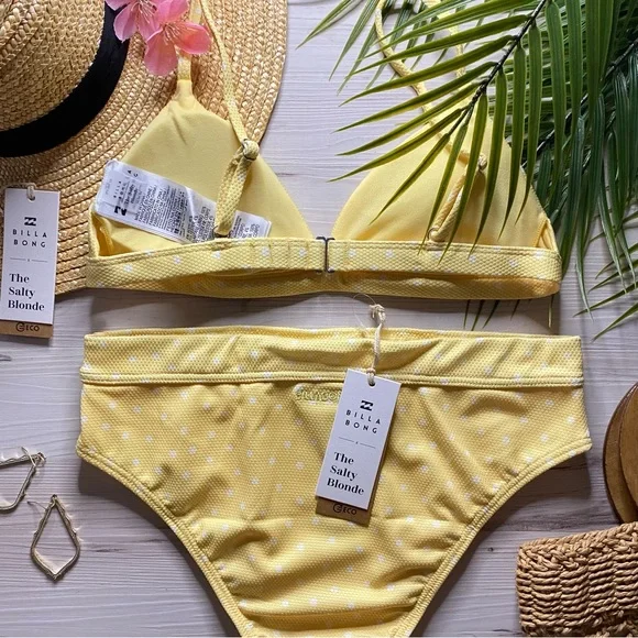 Billabong x Salty Blonde โขโข Yellow Polka Dot Fixed Tri Bikini Top | Rise Bottoms - Picture 8 of 16
